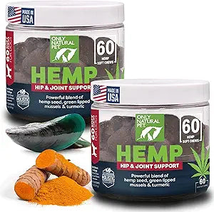 Only Natural Pet Hemp Hip & Joint Support for Dogs - Supplement for Mobility Wellness Pain Relief Healthy Inflammatory & Bone Stiffness - Chews w/Fatty Acid Blend Mussels & Turmeric - 60-Ct (2-Packs)