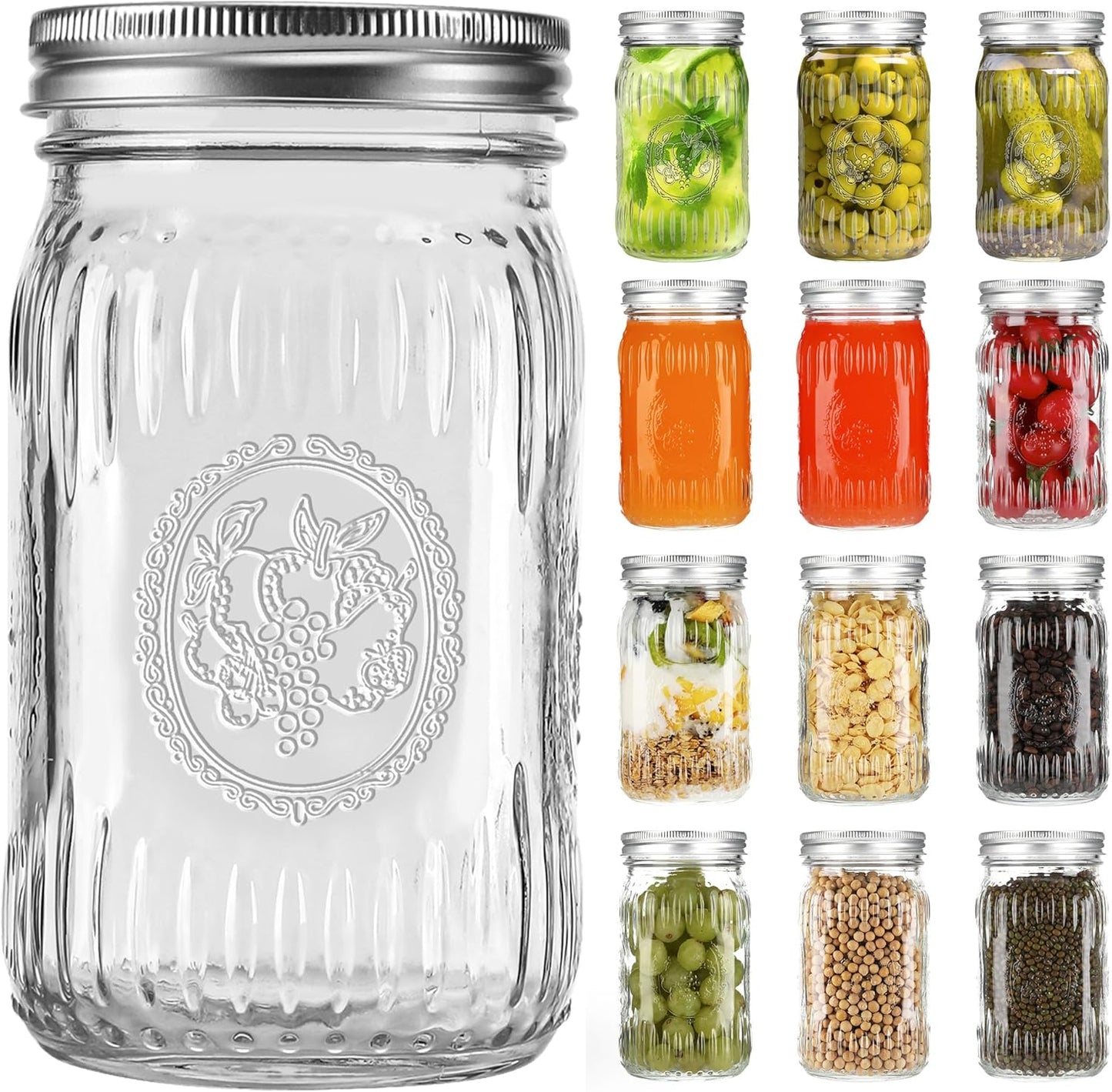 12Pack 32oz Wide Mouth Mason Jars, Glass Mason Jars with Airtight Lids and Bands, Large Canning Jars for Food Storage, Pickling, Meal Prep, DIY Decor, Fruit Print, Safe for Microwave & Dishwasher