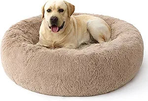 Bedsure Calming Dog Bed for Extra Large Dogs - 45in Donut Washable Large Pet Bed, Anti-Slip &Removable Cover,420GSM Round Anti-Anxiety Fluffy Plush Faux Fur, Fits up to 100lbs Pets,Plus Version