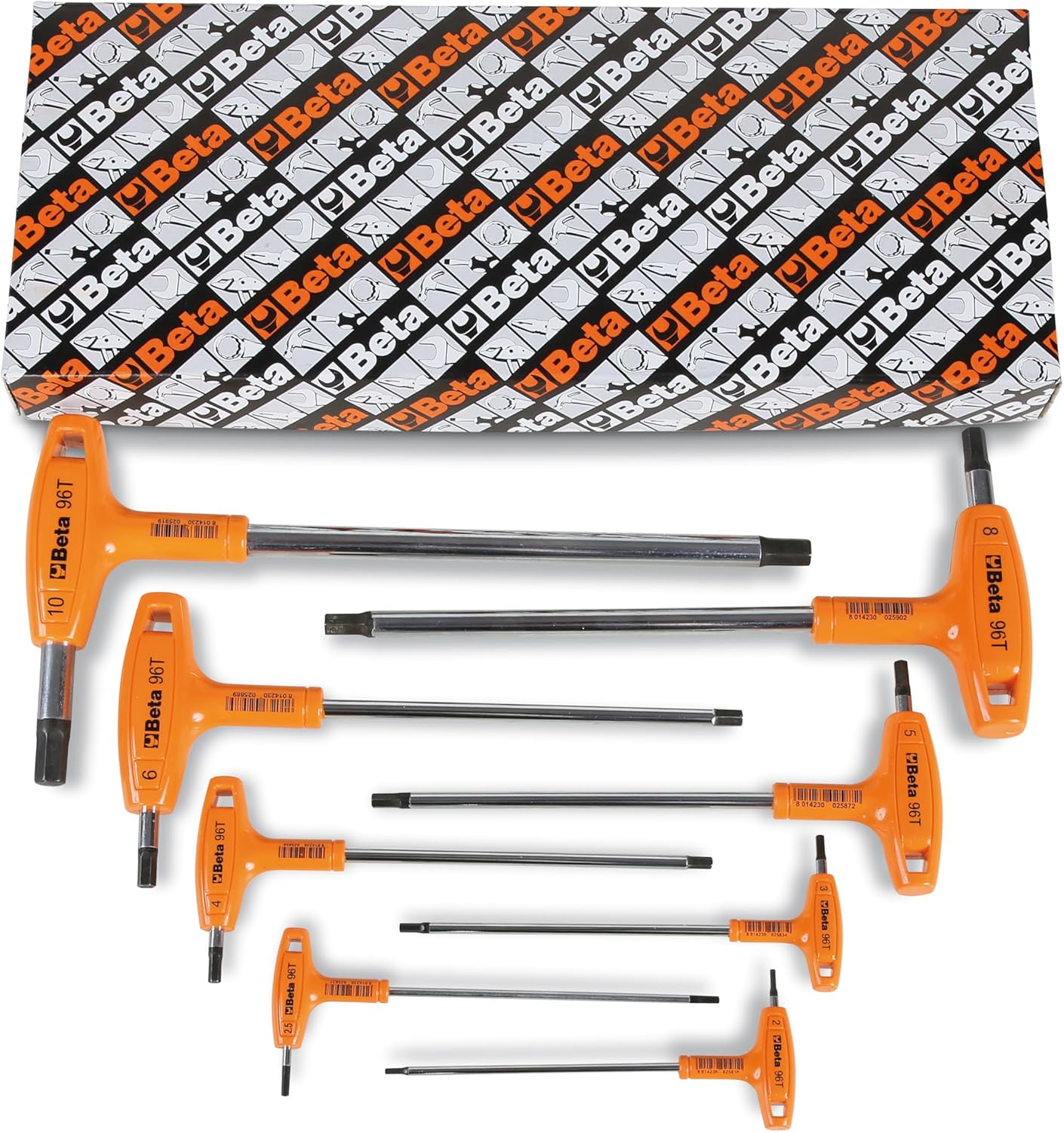 Beta 96T Metric T-Handle Hex Key Wrench Set 2-10mm | High Torque Ergonomic Allen Wrench with Dual Hex Tips | Drop Prevention Hole | Industrial Strength | Made in Italy