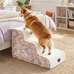15.7†H Ramp Dog Stairs for Small Dogs, Printed Fabric 3 Tier Wider Curved Pet Stairs for Couch and Beds,Non-Slip Bottom for Old Cats with High-Density Foam and Washable Cover