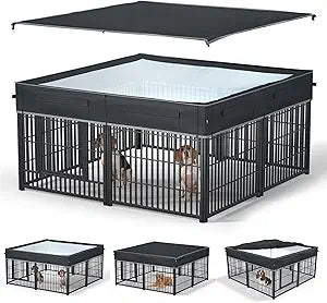 Dog Playpen Cover Reinforced with Waterproof Sunshade Curtain | 1680D Waterproof Oxford Cloth & Nylon Mesh | UV-Resistant, Waterproof, Breathable | Fits 32" H 8 Panels Dog Playpen Only | Black
