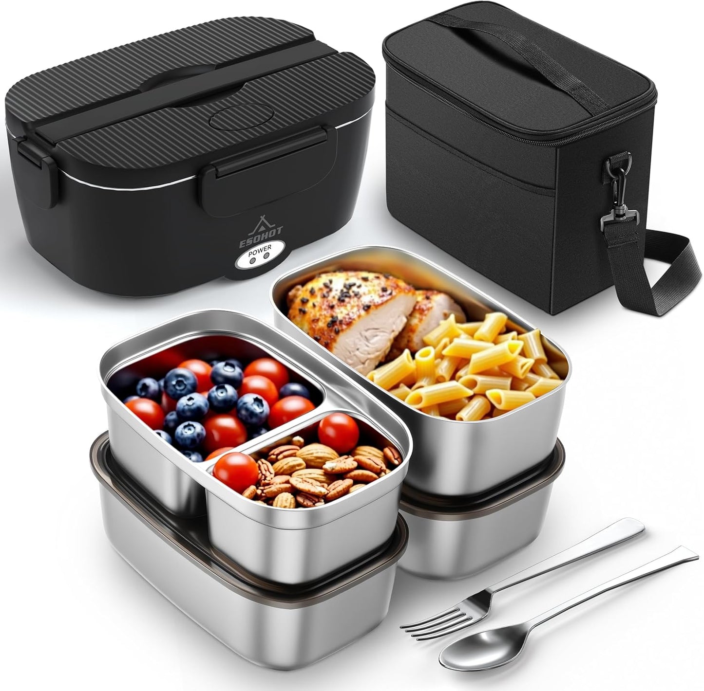 ESOHOT Heated Lunch Box,120W Electric Lunch Box for Adults with 1.5L 304 Stainless Steel Container, 12V\/24V\/110V Lonchera Eléctrica Portátil for Travel,Work,Car,Truck (Pure Black, 1.5L x 4)