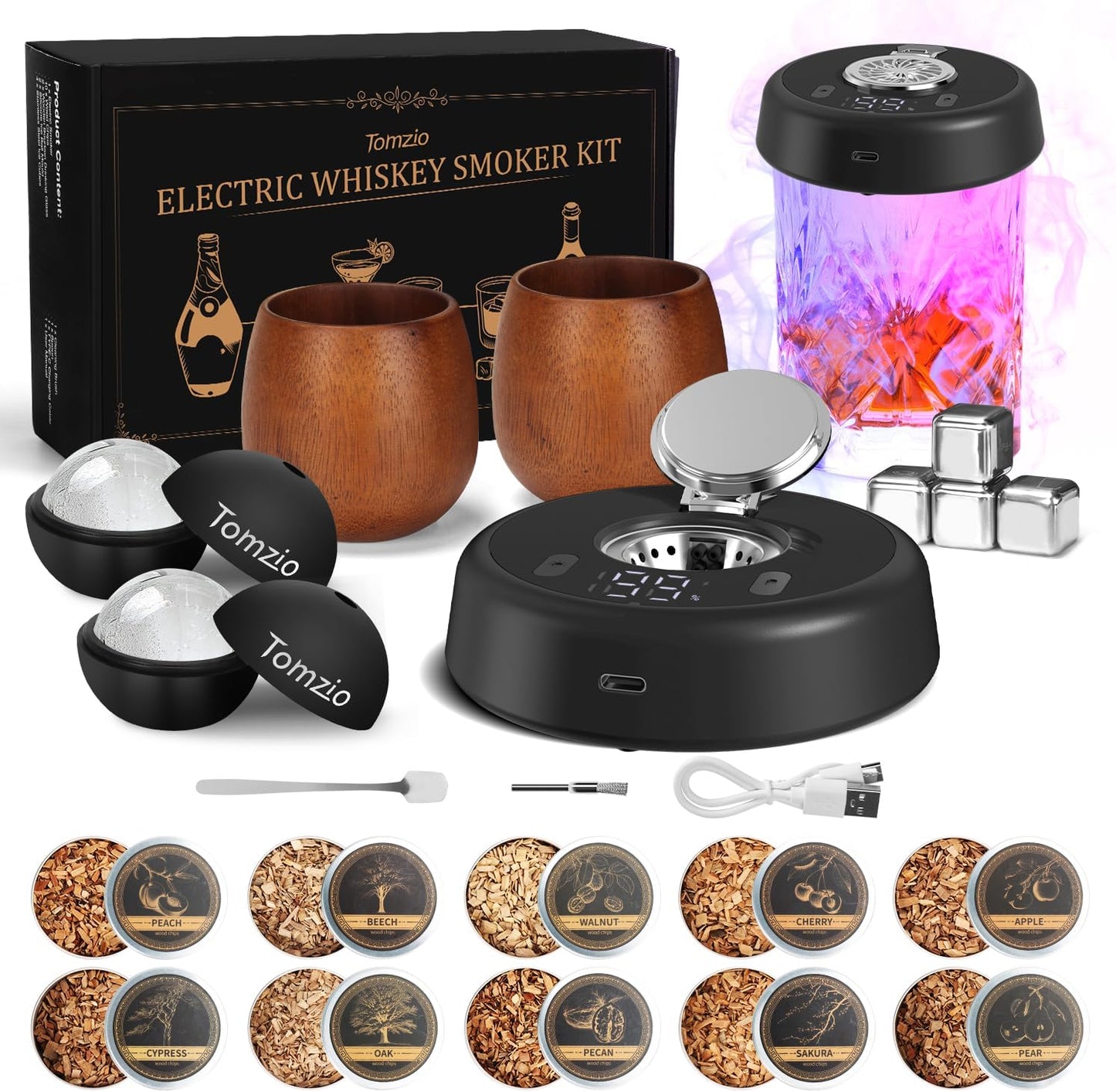 Electric Whiskey Smoker Kit with 7 Light Modes,Rechargeable Cocktail Smoker with 2 Wooden Bourbon Glasses,10 Natural Wood Chips,Food-Grade Stainless Steel Ice Cubes & Mold,Gift for Men, Dad, Husband