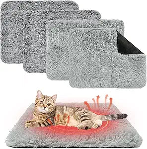 KOOLTAIL Self Warming Cat Bed, 4 Pack 18*24in Plush Extra Warm Self Heating Pet Pad for Crate, Floor, Indoor Outdoor, Non-Slip Upgraded Thermal Foil Puppy Kitten Mat with Removable Washable Cover,Grey