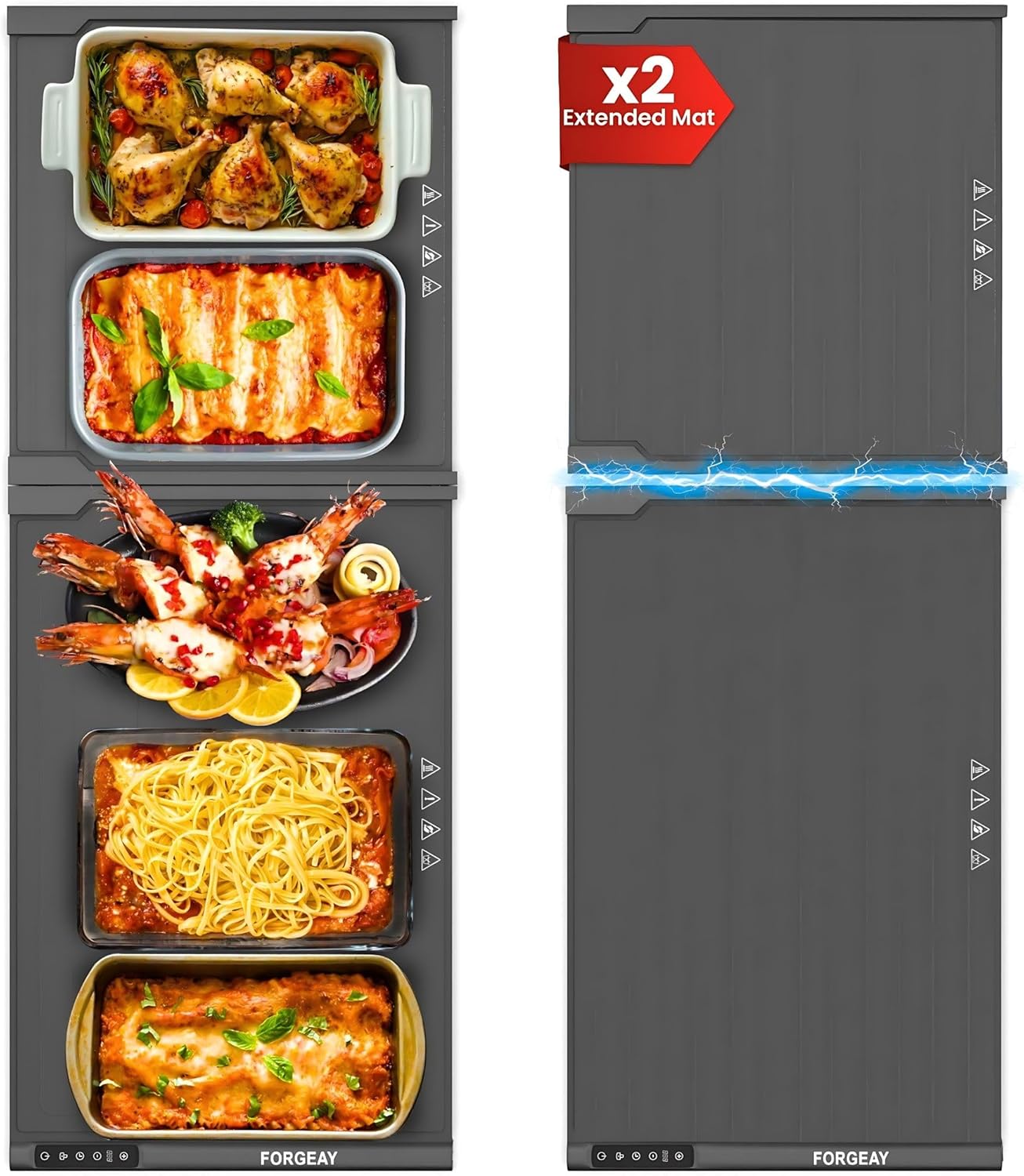 XXL Food Warming Mat for Countertop 42"x16" - Electric Warming Trays for Buffets Party - Extra Large Fast Full-Surface Heating Mat - 2 Piece Extendable Roll-Up Warmers for Food Trays Buffet