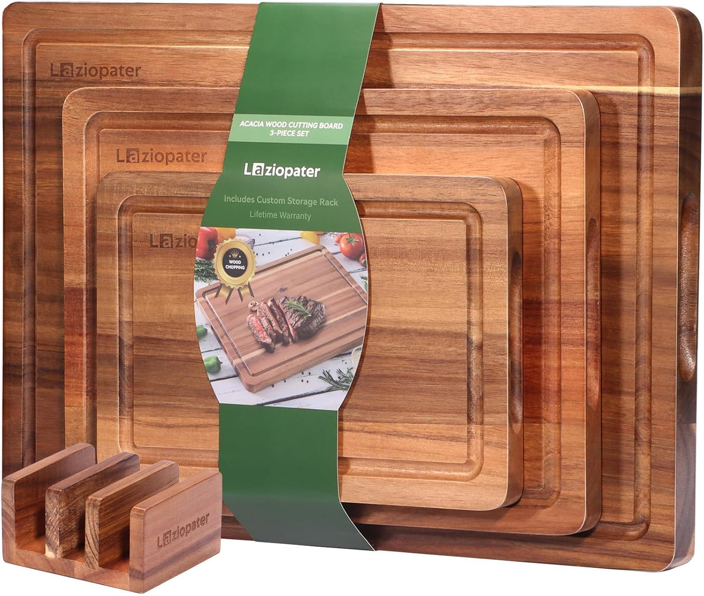 Acacia Wood Cutting Board,Solid Wood Cutting Board for Kitchen with Holder with Deep Juice Grooves & Built-in Handles, Durable Wooden Chopping Board Set of 3 for Meat, Vegetables and Fruits