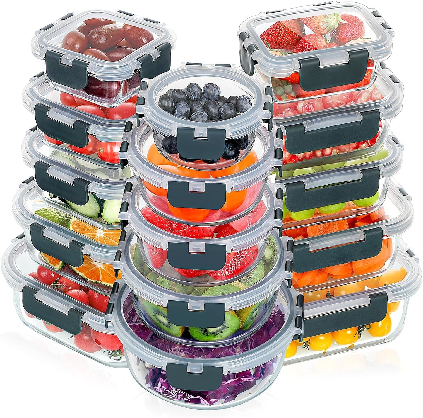 VERONES 30 Pieces Glass Meal Prep Containers Set, Stackable Glass Food Storage Containers with Lids-Airtight Glass Lunch Containers,for Microwave, Oven, Freezer & Dishwasher,Grey
