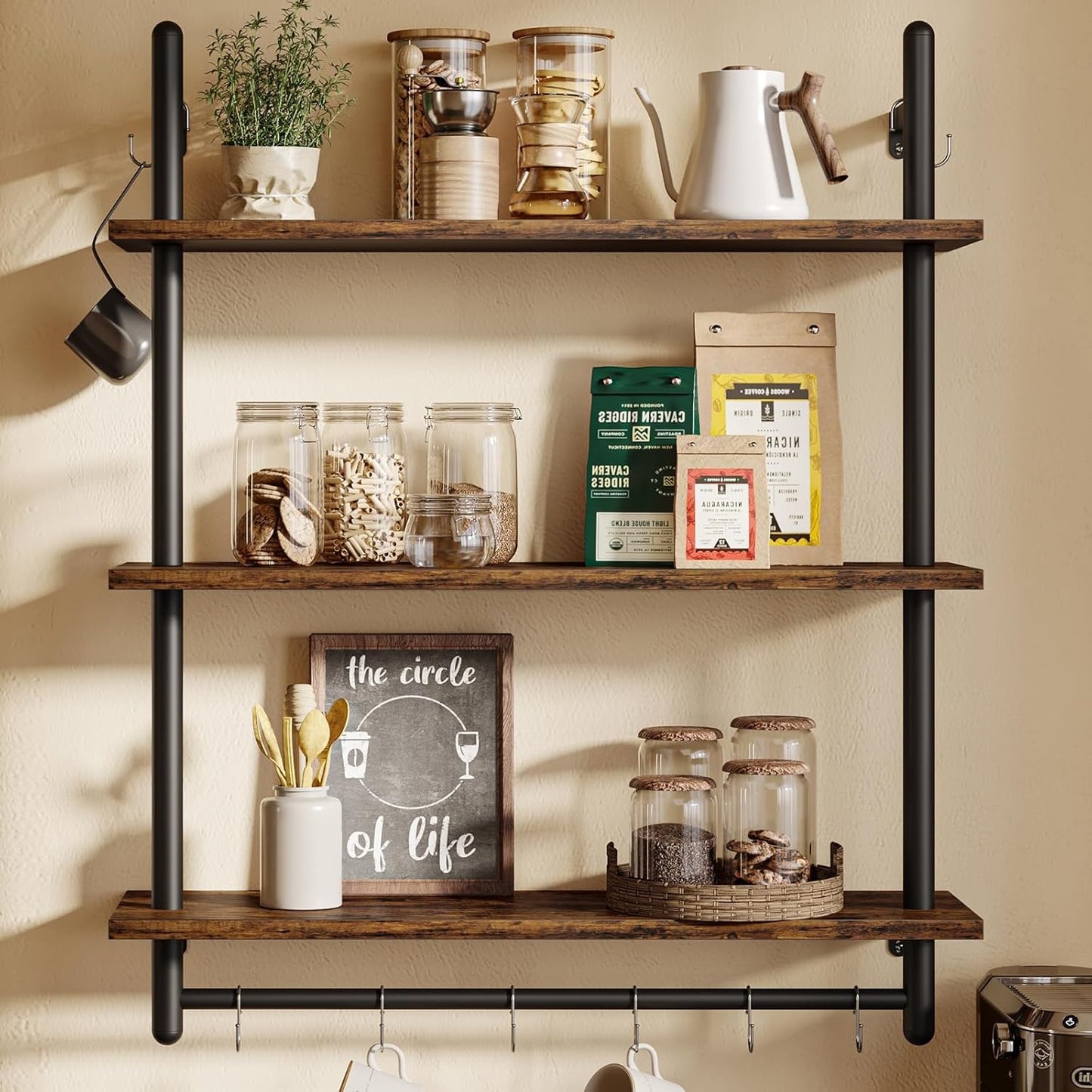 Bestier 3 Tier Industrial Pipe Shelving, Floating Book Shelves for Wall, Storage Hanging Shelves with Towel Bar for Bathroom Organizer Bedroom Kitchen Plants Office. 31.5 Inch Rustic Brown
