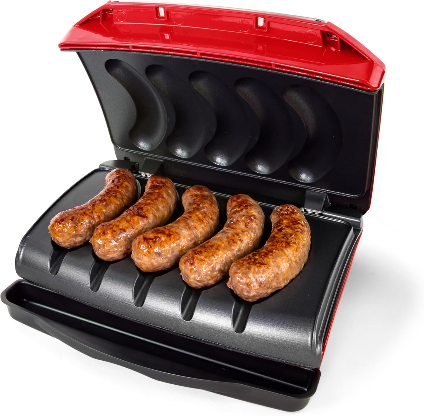 Nostalgia Game Day Sausage and Brat 5 Link Electric Grill with Oil Drip Tray, Carry Handle, and Cord Storage, Cooks Beef, Turkey, Chicken, Veggie Sausages, or Hot Dogs