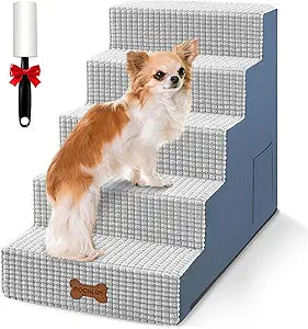 POCBLUE Dog Stairs for Small Dogs and Cats 22" H, 5-Step Pet Step for High Bed or Couch, Non-Slip Balanced Pet Ramp Indoor with High-Density Foam and Washable Cover, Grey