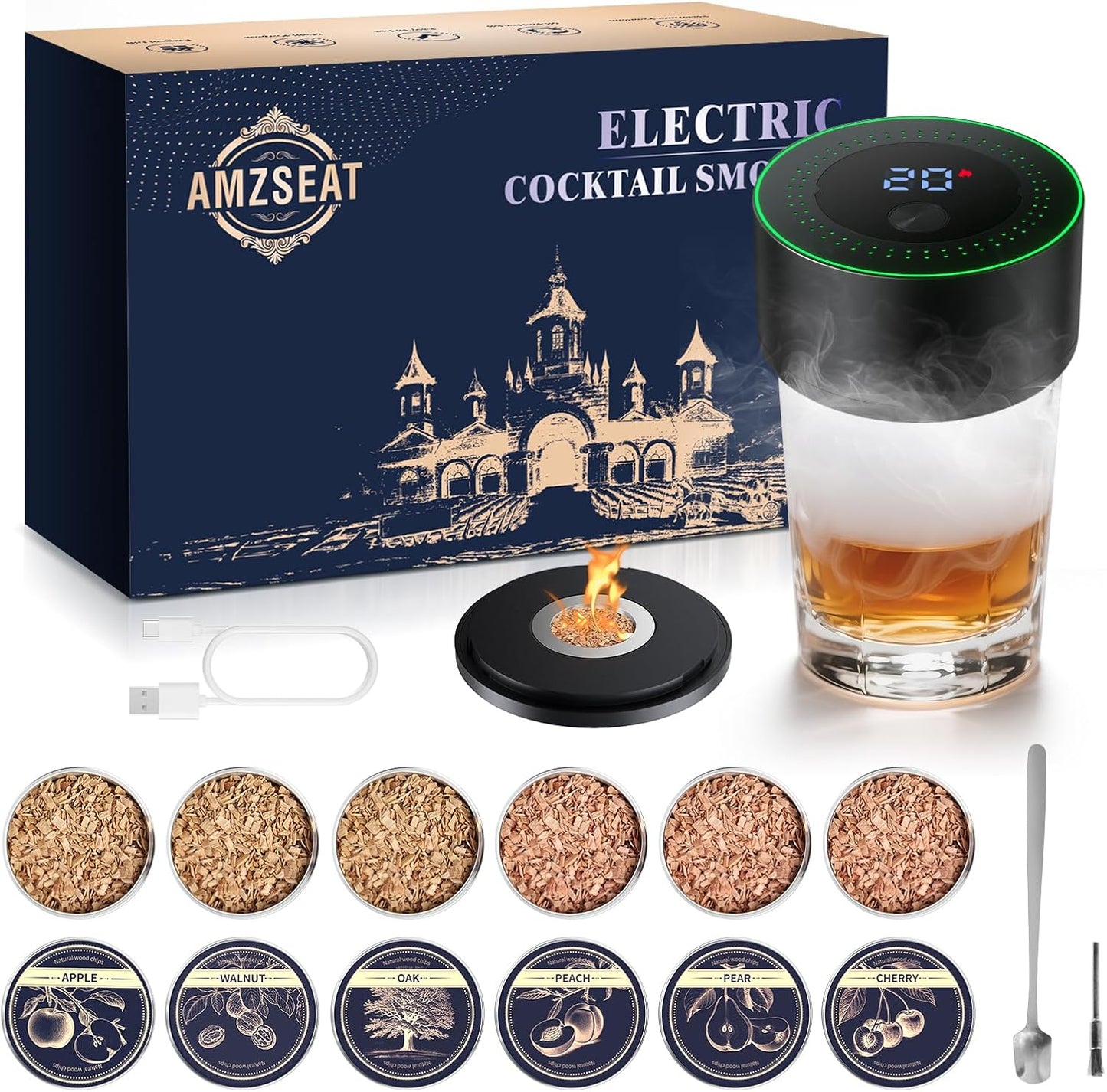 AMZSEAT Electric Whiskey Smoker Kit-Rechargeable Cocktail Smoker Set with 6 Wood Chips-Unique Bourbon Ideal Christmas, Birthday, Gifts for Men, Dad, Husband(black)