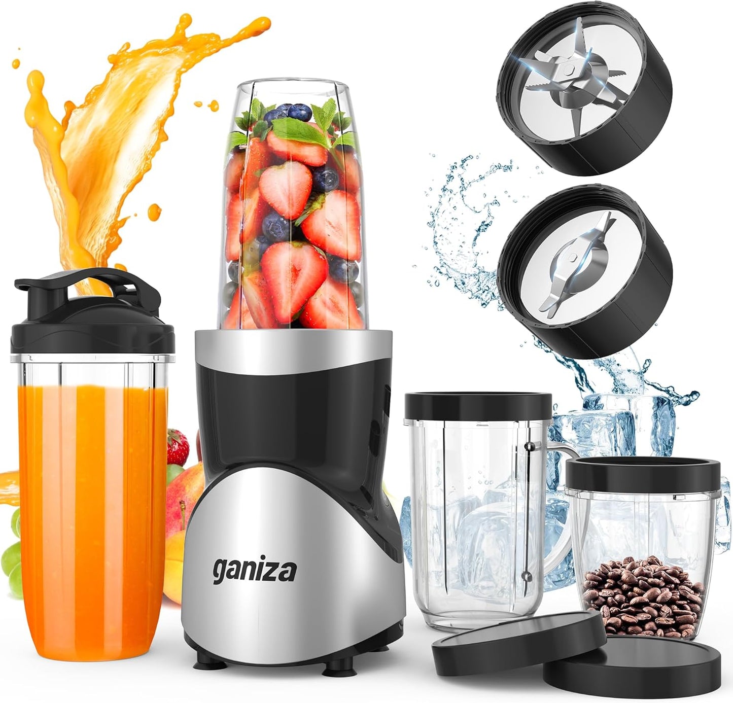 Ganiza Smoothie Blender, 900W Blenders for Shakes and Smoothies, 15-Piece Personal Blender and Grinder Combo for Kitchen, Smoothies Maker with 4 BPA-Free Portable Cup, Nutritious Recipe