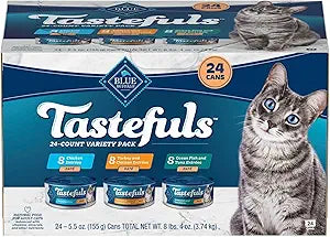 Blue Buffalo Tastefuls Wet Cat Food Paté Variety Pack, Made with Natural Ingredients, Chicken, Turkey & Chicken, Ocean Fish & Tuna Entrées, 5.5-oz Cans (24 Count, 8 of Each)