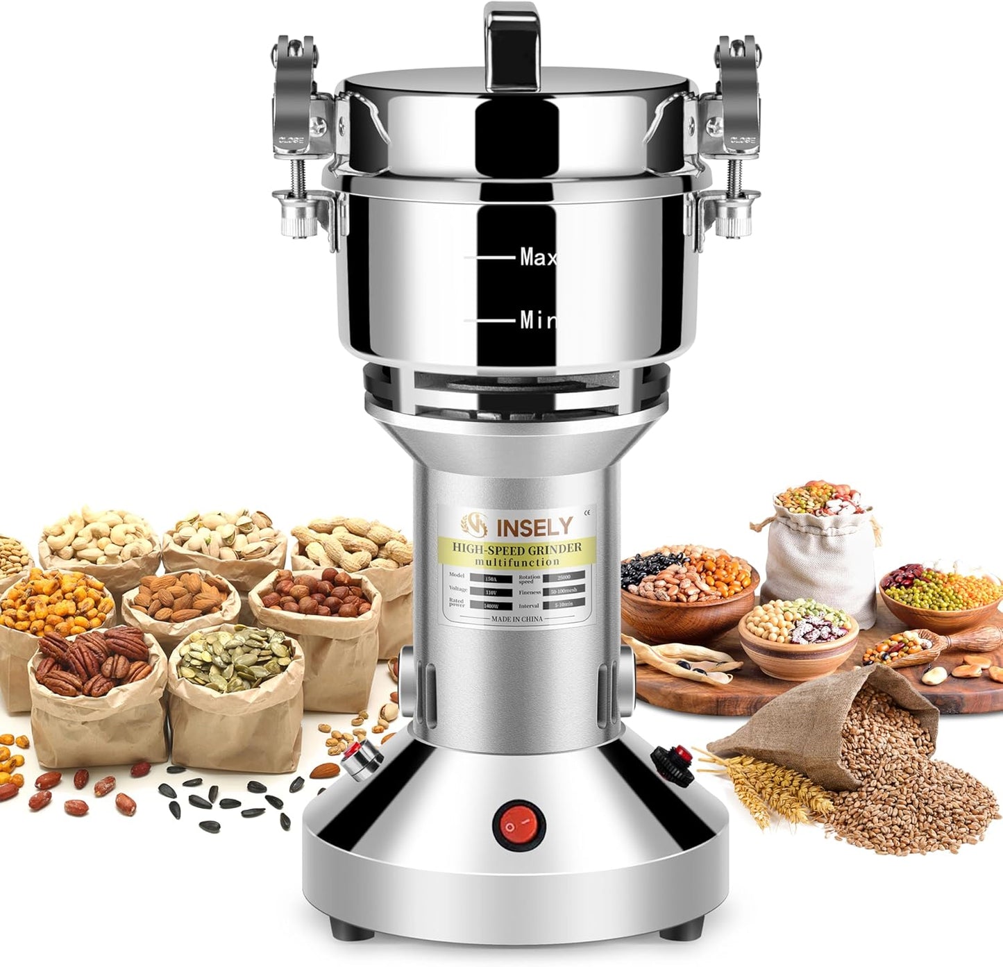 150g Grain Mill, flour mill grinder for home, Electric Stainless Steel Grain Grinder for Wheat, Spices, coffee,Corn and Other Dry Food Grinders for Kitchen