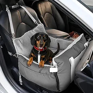 Dog Car Seat for Small Dogs with Extension Zone, Portable Washable Travel Bed for Pets up to 30 lbs, Booster Seat for Front Seat & Camping, Includes Harness Clip – Grey