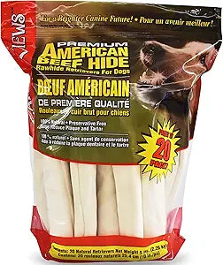 Canine Chews 10-11" Rawhide Bones for Large Dogs, Durable USA Beefhide Dog Rawhide Chews, Retriever Rolls 20 Pack (5 lbs)