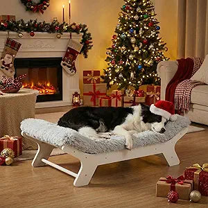 Muihood Elevated Dog Bed Wooden Frame and Mattress with Removable Washable Cover, Egg Crate Foam, Suitable for Pet Up to 50 lbs, White M