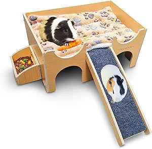 Guinea Pig Wooden Hideout with Built-in Feeder, Screw-Assembled Natural Wood Castle with Absorbent Fleece Mat, Ramp & Accessories, Cozy Safe Hideaway for Small Pets to Rest, Play & Explore
