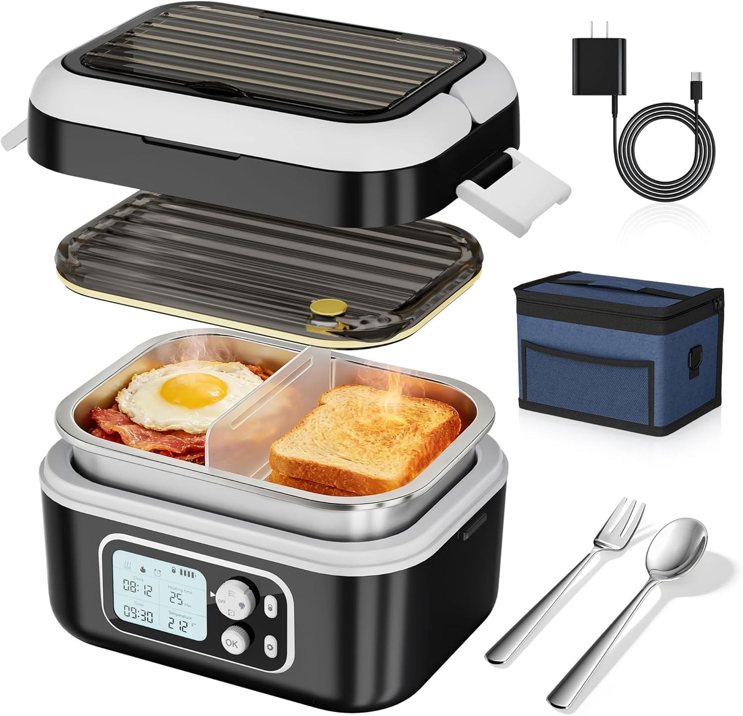 Yofidra Cordless Heated Lunch Box, 24000mAh 100W Electric Lunch Box with Smart Timer, 6.3-Cup Super Large Lunchbox for Men & Women, Portable Food Warmer with Insulated Bag for Outdoor\/Office, Black