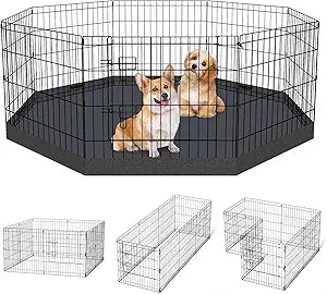 Dog Pen Pet Playpen Dog Fence Indoor Foldable Metal Wire Exercise Puppy Play Yard Pet Enclosure Indoor Outdoor 8 Panels 24 Inch with Bottom Pad/Top Cover (Black with Bottom pad)