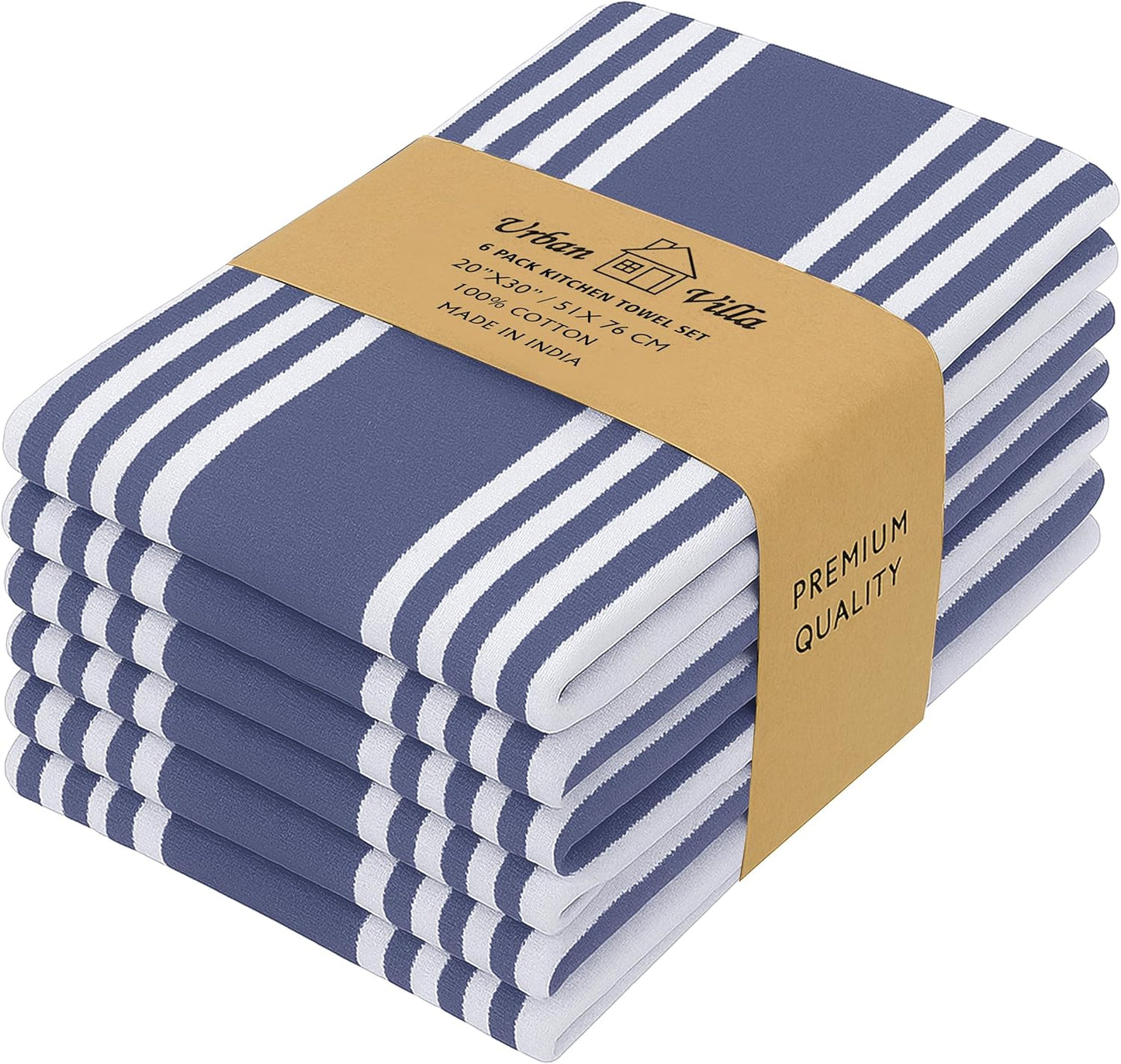 Urban Villa Kitchen Towels 100% Cotton Pack of 6, Highly Absorbent Quick Drying Super Soft Premium Dish Towels for Kitchen with Hanging Loop Hand & Tea Towels - 20x30 Inch, (Blue & White, Striped)