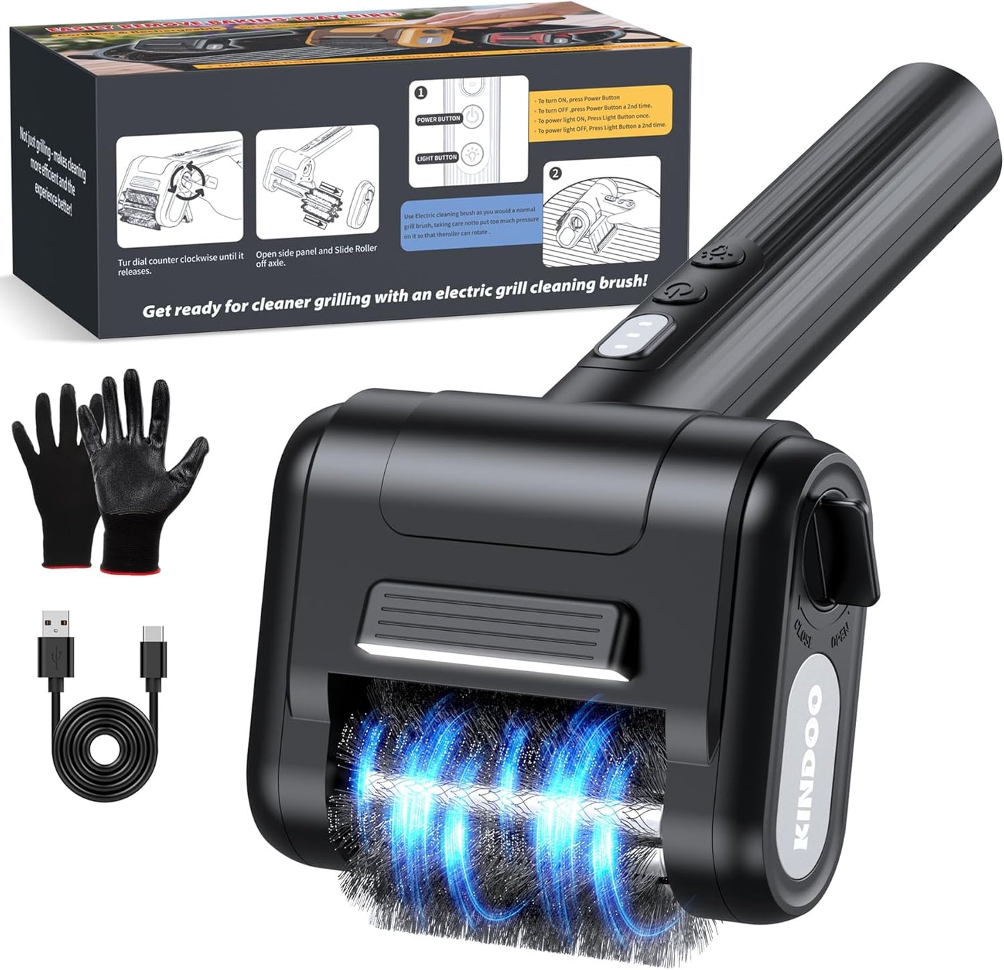 Electric Rechargeable Grill Brush,Grill Cleaner for Outdoor Grill with 800 RPM Motor - Bristle Stainless Steel Grill Cleaner with LED Light for BBQ, Heavy Duty Grill Cleaning Tool(Black)