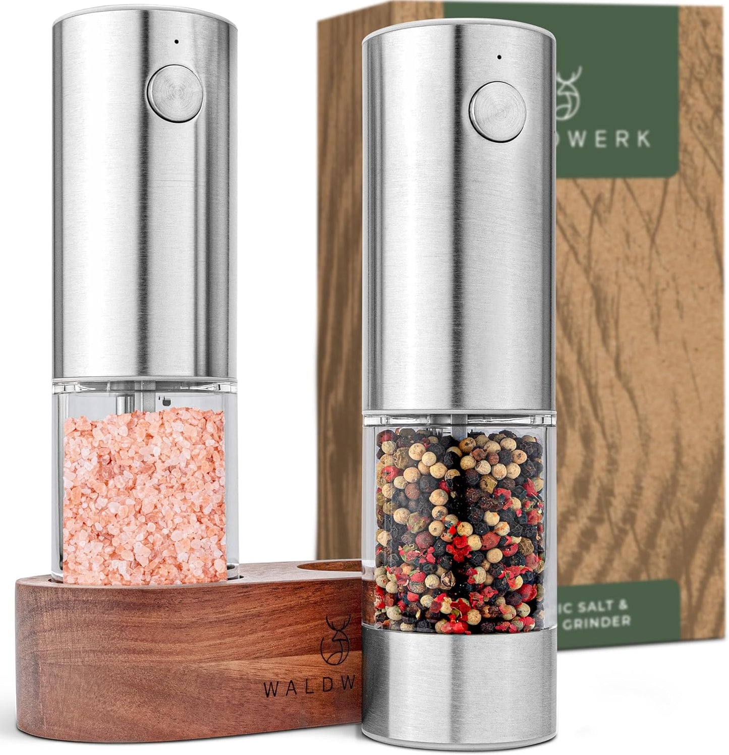 WALDWERK Electric Salt and Pepper Grinder Set (300 mAh Rechargeable Battery) - Salt and Pepper Shakers with Elegant Acacia Wood Stand \u2013 Rechargeable Automatic Salt and Pepper Grinder Set