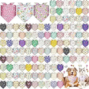 Reginary 120 Packs Spring Dog Bandanas Bulk Flower Dog Scarf Adjustable Holiday Floral Pet Scarf Flower Washable Scarves Triangle Drool Bibs for Cat Pet Costume Supply