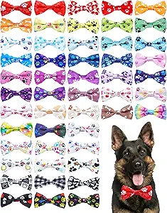 PET SHOW 50 Pack Paw Print Dog Bow Ties Collar for Large Medium Dogs Adjustable Bowties Neckties Bowknots Bulk Pet Grooming Accessories (Large)
