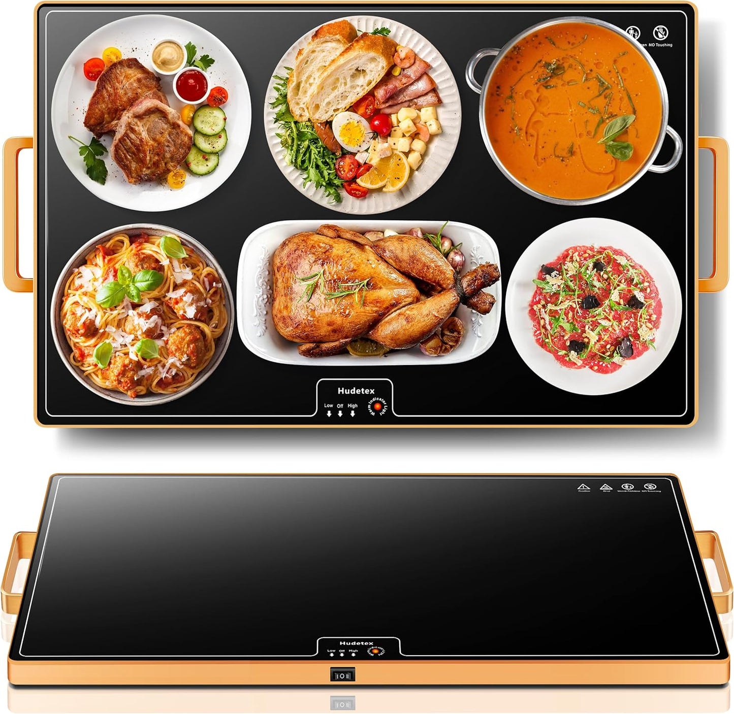 Food Warming Mat (XL 24"x16"), Food Warmers for Parties Buffet and Daily Use, Full Surface Warm Evenly Electric Warming Tray with Button Temperature Control, Gold Handles Warming Mat for Food, Black