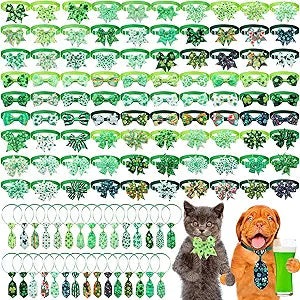120 Pcs St. Patrick's Day Dog Bow Tie Collar Set Includes 60 Green Irish Bow Ties for Dogs Dog Grooming Bowtie 30 Dog Neckties 30 Large Bow Tie Collar Pet Holiday Accessories for Dog Cat (Shamrock)