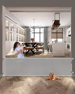 118 Inch Extra Wide Retractable Baby Gate,Mesh Large Baby Gate or Mesh Pet Dog Gate, Opening Wide Extra Long Child Safety Gate for Indoor Baby Fence, Outdoor, Stairs, Deck (Grey)