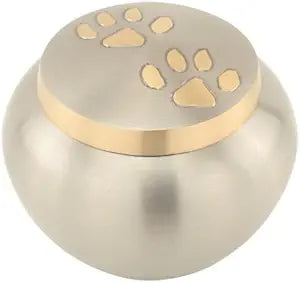 Paw Print Round Pet Cremation Urn for Ashes in Pewter Small, Brass, Small Sized, 3.5 Inches High