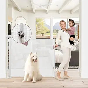 Reinforced 41 Inch Extra Tall Pet Gate 55 Inch Wide Retractable Baby Gates with Support Rods â€“ Prevents Crawling Under, Outdoor Tall Baby Gates for Dogs Indoor Dog Gates for Doorways, White