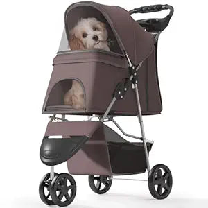 Pet Stroller with 3 Wheels for Small/Medium Pets, Portable Travel Foldable Carrier Jogger for Dog Cat Puppy Kitty, Rear Wheel Breaks, Storage Basket, Visible Mesh with Weather Cover (Coffee)