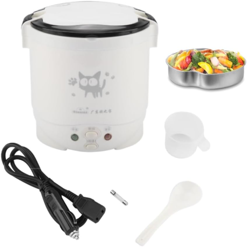 1L Mini Rice Cooker, 12V Electric Lunch Box, Multifunctional Portable, Non Stick Pot, White, for Car Travel Camping