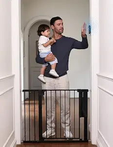 Babelio Smart Baby Gate with Auto-Unlock/Close, Pressure Mounted No Drill for Doorways/Top of Stairs. Pet/Dog Door Wide Walk Thru w/Infrared Sensor & Instant Safety Alert (Black, 26.3-37.8" W, 30" H)