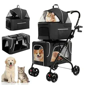 Double Dog Stroller with Cup Holder, Foldable 3-in-1 Cat Strollers with 2 Detachable Carriers, Safety Belt, Washable Cover, Removable Pads, 4 Wheels Travel Pet Stroller for Small Medium Dogs (Black)