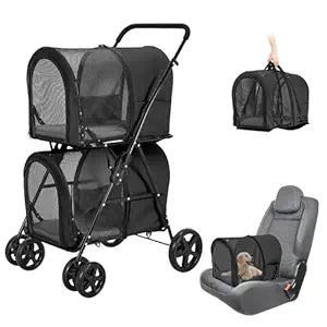 Double Pet Stroller for Dogs and Cats with 2 Detachable Carrier, Quick-Folding Dog Stroller for Medium Small Dogs Cats, 4 Wheels, Black