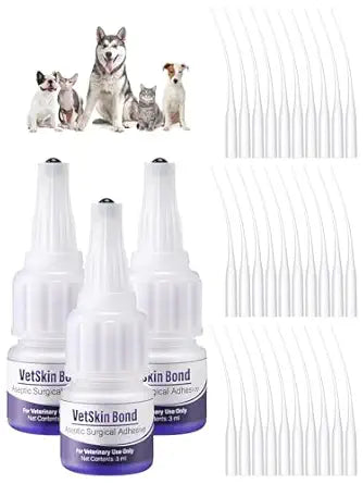 3 Pack 3ml Veterinary Surgical Skin Glue with 30 Precise Applicators, Strong Surgical Adhesive, Blue Tinted Animal Tissue Wound Glue, Fast Bleeding Control and Waterproof Wound Sealant for Pets