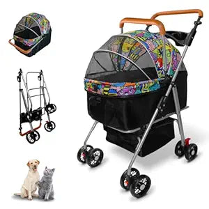 Pet Stroller with Storage Basket and Cup Holder, Folding Dog Jogger, Foldable Cat Stroller, 3 in 1 Puppy Kitten Cart, Pet Jogger for Medium Dog Cat (Magic Black)