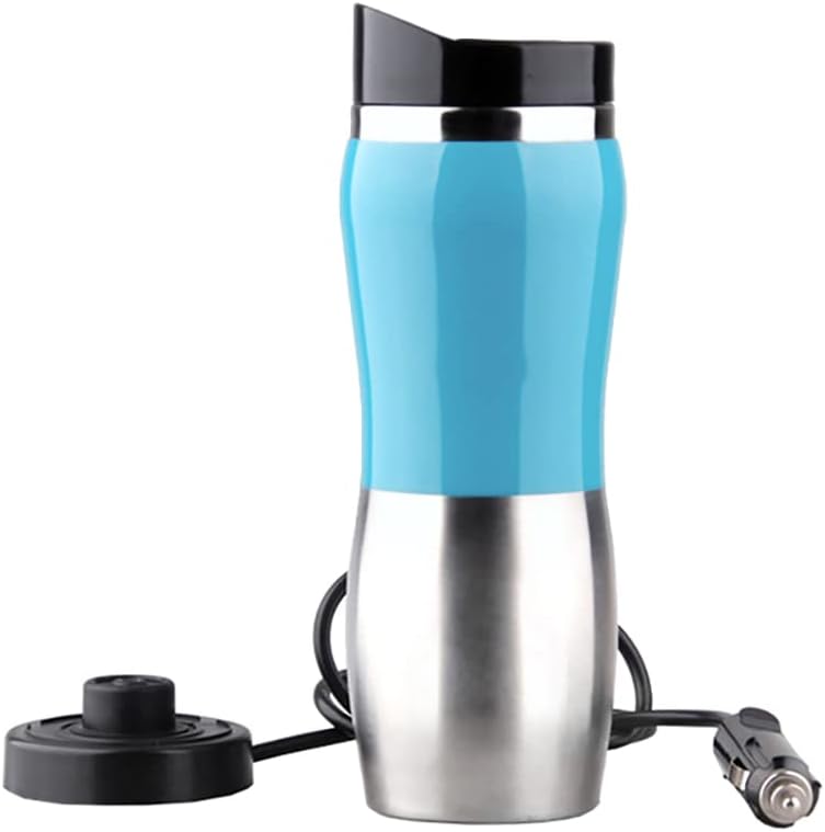 Riloer Car Heating Cup Insulated Heated Thermos Mug Tumbler for Tea Drinks Coffee Blue, Stainless Steel Travel Electric Coffee Cup, 400ml\/13.5oz 12V Car Heating Cup Car Heated Mug