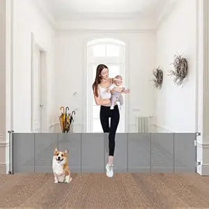 24" Tall X 100" Extra Wide Short Dog Gates to Step Over, Extra Long Short Pet Gate for Doorways, Small Puppy Gates for The House Mesh Doggie Gates for Indoors Outdoor, Gray