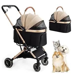 3 in 1 Pet Stroller with 4 Wheels, Foldable Pet Travel Carrier for Small/Medium Dogs Cats up to 50lbs, Detachble Portable Cat Bag, Storage Basket