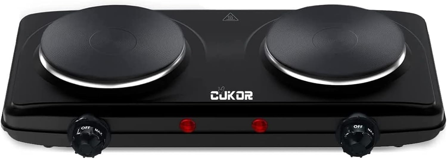CUKOR Double Cast Iron 2 Burner, 1800W Countertop Burner, Dual Electric Stove Burners, Portable Double Burner for Cooking