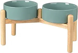 SPUNKYJUNKY Ceramics Elevated Dog Feeding Stand with Wooden Base - Double 60oz Bowls for Medium Large Dogs (Dark Green)