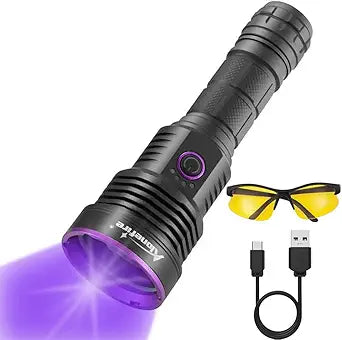 ALONEFIRE SV43 36W 365nm UV Flashlight USB C Rechargeable Ultraviolet Black Light Woods Lamp for Pet Urine Detector, Resin Curing, Scorpion, Bed Bug, Fishing, Leak with UV Protective Glasses, Battery
