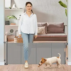 24 Inches Tall Retractable Baby gate for Dogs, Short Pet Gates to Step Over, Extends up to 55" Wide, Reinforced Mesh Doggie Gates for Indoors Outdoors Small Dog Gate for Stairs Puppy Gate (Grey)