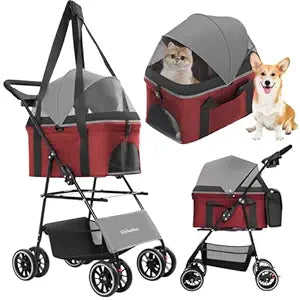 2-in-1 Foldable Pet Stroller with Canopy, 4 Wheels Pet Strolling Cart for Small/Medium Dogs and Cats with Removable Carrier,Breathable Mesh,Mom Tote Bag,Cup Holders,Easy Assembly,Grey+Red